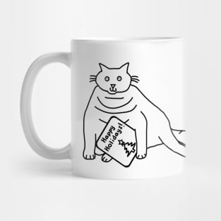 Christmas Chonk Cat says Happy Holidays Line Drawing Mug